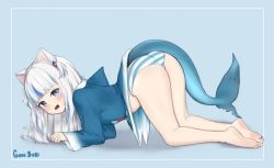  animal_ears bent_over blush fangs gawr_gura goki_buri hololive hololive_english loli open_mouth panties striped_clothes striped_panties tail underwear virtual_youtuber white_hair  rating:Questionable score:43 user:HkLoliLove