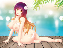  1girl :d ass bare_arms bare_shoulders barefoot bikini bikini_top_lift blonde_hair breasts brown_eyes butt_crack cleavage clothes_lift collarbone commentary_request cpu_(hexivision) curvy feet flower full_body gradient_hair highres hijiri_byakuren hip_focus huge_ass jewelry lactation large_breasts legs long_hair looking_at_viewer micro_bikini multicolored_hair necklace nipples open_mouth pearl_necklace purple_hair sitting smile soles solo swimsuit thick_thighs thighs tongue touhou white_bikini wide_hips yellow_eyes yokozuwari 