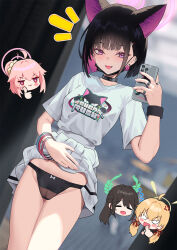  4girls ahoge airi_(blue_archive) anger_vein animal_ears black_collar black_hair black_mask black_panties black_wristband blonde_hair blue_archive blurry blurry_background blush blush_stickers cat_ears cat_girl cirilla_lin clothes_lift collar earrings extra_ears fang green_halo hair_ornament hairclip halo highres holding holding_phone jewelry kazusa_(band)_(blue_archive) kazusa_(blue_archive) lifted_by_self looking_at_viewer mask mask_lift mouth_mask multiple_bracelets multiple_girls multiple_rings natsu_(blue_archive) official_alternate_costume open_mouth panties phone pink_eyes pink_hair pink_halo print_shirt ring shirt short_hair short_sleeves skirt skirt_lift smile solo_focus stud_earrings underwear white_shirt white_skirt yellow_halo yoshimi_(blue_archive) 