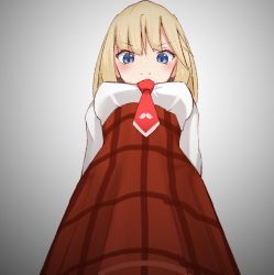1girl blonde_hair blue_eyes breasts closed_mouth detective from_below hat hololive hololive_english holomyth looking_at_viewer looking_down medium_breasts short_hair simple_background skaarl_(artist) skirt smile virtual_youtuber watson_amelia rating:Sensitive score:10 user:danbooru
