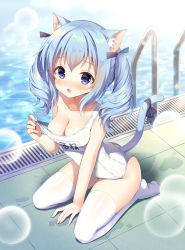  1girl :o animal_ear_fluff animal_ears bare_arms bare_shoulders between_legs blue_hair blush bow breasts cat_ears cat_girl cat_tail cleavage collarbone commentary_request covered_navel hair_between_eyes hair_bow hand_between_legs mauve medium_breasts no_shoes old_school_swimsuit one-piece_swimsuit original parted_lips pool poolside pulled_by_self purple_bow purple_eyes ringlets school_swimsuit seiza sidelocks sitting solo strap_pull swimsuit tail tail_raised thighhighs twintails water white_one-piece_swimsuit white_school_swimsuit white_thighhighs  rating:Sensitive score:13 user:danbooru