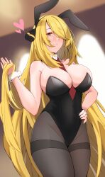  1girl absurdres alternate_breast_size animal_ears bare_shoulders between_breasts blonde_hair blurry blurry_background blush breasts cleavage covered_navel cowboy_shot creatures_(company) cynthia_(pokemon) detached_collar game_freak grey_eyes hair_ornament hair_over_one_eye hand_on_own_hip heart highres large_breasts leotard long_hair looking_at_viewer maruneco mature_female necktie necktie_between_breasts nintendo pantyhose parted_lips playboy_bunny pokemon pokemon_dppt rabbit_ears red_necktie solo strapless strapless_leotard thighband_pantyhose very_long_hair wrist_cuffs 