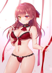  1girl alternate_hairstyle ascot bare_arms bare_shoulders bra breasts choker cleavage cowboy_shot frilled_bra frills front-tie_bra front-tie_top groin hair_ribbon half_updo heterochromia highres hololive houshou_marine large_breasts long_hair looking_at_viewer naomi_(fantasia) navel red_bra red_eyes red_hair red_ribbon ribbon smile solo stomach string_bra thighs underwear underwear_only virtual_youtuber yellow_eyes  rating:Questionable score:14 user:danbooru