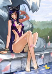 1girl ahri_(league_of_legends) animal_ears barefoot bracelet breasts caustics cleavage cleavage_cutout clothing_cutout day facial_mark fox_ears fox_tail goggles goggles_on_head goomrrat highres jewelry large_breasts league_of_legends legs crossed_legs lens_flare long_hair long_legs multiple_tails necklace one-piece_swimsuit outdoors petals pool poolside purple_hair rubber_duck sitting smile soaking_feet solo swimsuit tail thighs very_long_hair whisker_markings yellow_eyes rating:Sensitive score:117 user:danbooru