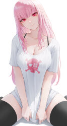  1girl absurdres alternate_costume black_thighhighs bra_strap breasts cleavage highres hololive hololive_english large_breasts long_hair looking_at_viewer mori_calliope okoge_lab pink_hair red_eyes shirt simple_background skull_print smile solo t-shirt thighhighs virtual_youtuber 