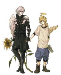  2boys aged_down arm_armor armor black_coat black_footwear black_pants black_shirt black_sweater blonde_hair blue_eyes blue_pants blush boots brown_footwear cloud_strife coat commentary feathered_wings final_fantasy final_fantasy_vii final_fantasy_vii_ever_crisis flower flower_request full_body green_eyes grey_hair halo hand_grab highres holding holding_flower knee_boots layered_shirt layered_sleeves light_smile long_hair looking_at_another low_ponytail male_focus multiple_boys outer_glow pants pauldrons sephiroth shirt short_hair shoulder_armor single_wing spiked_hair sunflower sweater t-shirt tomgoblin turtleneck turtleneck_sweater white_flower white_shirt white_wings wings yellow_flower yellow_wings 