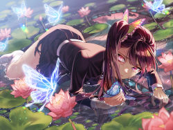  1girl after_rape angry mismatched_irises belt blue_butterfly borrowed_clothes breasts bug butterfly butterfly_hair_ornament commentary_request crying crying_with_eyes_open dutch_angle flower glowing glowing_butterfly glowing_eyes hair_ornament haori highres holly_hair_ornament insect iria_(yumeirokingyo) japanese_clothes kimetsu_no_yaiba kneehighs leaf long_hair long_sleeves looking_at_viewer lying on_side partially_submerged pink_eyes pink_flower pleated_skirt pond purple_hair sad shoes side_ponytail skirt small_breasts sneakers socks solo tears torn_clothes torn_skirt transparent_butterfly tsuyuri_kanao unworn_hair_ornament wet white_footwear white_socks  rating:Sensitive score:18 user:danbooru