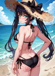 1girl absurdres ai-assisted ass bare_arms bare_shoulders beach bikini black_bikini black_bow black_hair blue_sky blush bow breasts butt_crack cloud commentary cowboy_shot day dimples_of_venus genshin_impact green_eyes hand_on_own_hip hat hat_bow highres large_breasts long_hair looking_at_viewer mona_(genshin_impact) ocean sidelocks sky slap_mark solo standing sun_hat swimsuit thighs unstableboiler very_long_hair water rating:Sensitive score:132 user:danbooru