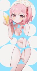  1girl alcohol beer beer_mug blue_archive blush breasts bubble_filter closed_mouth cup epi_zero female_focus grey_background hair_ribbon halo highres holding holding_cup leaning_forward loli looking_at_viewer mug navel one_side_up pink_eyes pink_hair red_ribbon ribbon serina_(blue_archive) simple_background small_breasts smile solo standing stomach 