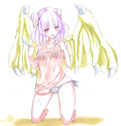  1girl absurdres bikini colorfag colorized dragon_girl dragon_wings eyebrows fire_emblem fire_emblem:_the_sacred_stones flat_chest food highres long_hair looking_at_viewer melting monochrome mug_kaburi multi-tied_hair myrrh_(fire_emblem) nintendo no_pants open_mouth popsicle sexually_suggestive shirt suggestive_fluid swimsuit swimsuit_under_clothes tongue tongue_out twintails wet wet_clothes wet_shirt wings yellow_wings 