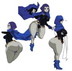 1girl amano_cigusa ass blue_footwear boots breasts cape dc_comics from_behind from_side gem grey_skirt high_heel_boots high_heels highres hood huge_ass large_breasts looking_at_viewer looking_to_the_side multiple_views purple_hair raven_(dc) short_hair simple_background skirt teen_titans thick_thighs thighs white_background rating:Questionable score:112 user:danbooru