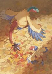  absurdres animal_focus archen archeops autumn_leaves bird blue_feathers commentary_request creatures_(company) feathered_wings feathers from_above furukawa_raku game_freak gen_5_pokemon highres leaf maple_leaf nintendo no_humans open_mouth pokemon pokemon_(creature) sharp_teeth tail teeth wings yellow_feathers 