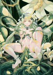  1girl absurdres breast_sucking breasts choker clitoris elf feet frilled_choker frilled_hairband frills green_eyes green_hair hairband heart heart-shaped_pupils highres large_breasts multiple_vaginal no_shoes original plant pointy_ears seelehan soles solo stomach_bulge symbol-shaped_pupils tentacle_pit tentacle_sex tentacles thighhighs toes torn_clothes torn_thighhighs vaginal white_thighhighs  rating:Explicit score:10 user:danbooru
