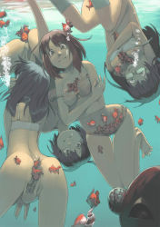 4girls air_bubble akinbo_(hyouka_fuyou) anal arched_back ass bad_id bad_pixiv_id bare_shoulders barefoot bestiality black_eyes black_hair black_legwear bottomless bra breasts breath brown_eyes bubble censored clitoris feet fish from_behind glasses goldfish highres holding_breath interspecies jpeg_artifacts long_hair medium_breasts multiple_girls nipple_slip nipples object_insertion original panties pussy self_hug short_hair speech_bubble strap_slip swimming swimsuit toes underwater underwear upside-down vaginal water rating:Explicit score:270 user:danbooru