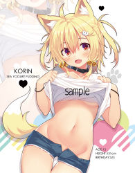  1girl :d ahoge animal_ear_fluff animal_ears bell belt_collar black_collar blonde_hair blue_shirt blush breasts cat_hair_ornament character_name character_profile chiri_(atlanta) clothes_lift collar collarbone commentary_request english_text eyebrows_hidden_by_hair fang fox_ears fox_girl fox_tail groin hair_bell hair_between_eyes hair_ornament jingle_bell lifted_by_self long_hair looking_at_viewer medium_breasts navel open_clothes open_fly open_mouth open_shorts original red_eyes shirt shirt_lift short_shorts short_sleeves shorts smile solo tail tail_raised ten&#039;inkou_korin underboob white_shirt zoom_layer 