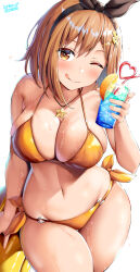  1girl 2024 ;p atelier_(series) atelier_ryza belko bikini black_ribbon blush breasts brown_eyes brown_hair cleavage collarbone cup dated drinking_glass drinking_straw food fruit groin hair_ornament hair_ribbon highres jewelry large_breasts lemon lemon_slice looking_at_viewer navel necklace o-ring o-ring_bikini o-ring_bottom one_eye_closed orange_bikini reisalin_stout ribbon side-tie_bikini_bottom smile star_(symbol) star_necklace stomach swimsuit thick_thighs thighs tongue tongue_out wet wide_hips wink 
