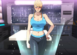  1girl abs alternate_costume arm_at_side bare_arms bare_shoulders bed blonde_hair blue_eyes breasts cleavage cosplay cowboy_shot embarrassed feet_out_of_frame greco_roman_(spiral_brain) groin hand_on_own_hip highres indoors large_breasts legs legs_together looking_at_viewer metroid midriff navel nintendo parted_lips pillow ponytail samus_aran sidelocks sleeveless solo standing sweatdrop thighs wii_fit_trainer wii_fit_trainer_(cosplay)  rating:Sensitive score:106 user:Ynyswydryn