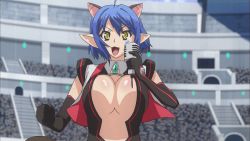  10s 1girl animal_ears animated animated_gif announcer arena black_gloves black_leotard blue_hair bouncing_breasts breasts cat_demon_girl_(shinmai_maou_no_testament_burst) cleavage cleavage_cutout clothing_cutout crowd female_focus gloves holding holding_microphone huge_breasts leotard microphone no_bra screencap shinmai_maou_no_testament shiny_skin short_hair smile solo stadium tail talking  rating:Questionable score:99 user:ron2k15