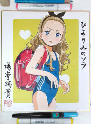  1girl absurdres art_tools_in_frame backpack bag bangs_pinned_back blonde_hair blue_eyes blue_one-piece_swimsuit blush competition_school_swimsuit cowboy_shot flat_chest heart highres hiyori_mizuki kurumi_(lycoris_recoil) long_hair looking_at_viewer lycoris_recoil marker_(medium) one-piece_swimsuit photo_(medium) randoseru red_bag school_swimsuit shikishi solo swimsuit traditional_media 