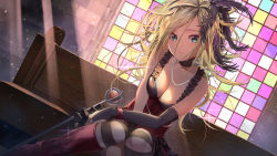  1girl absurdres black_sleeves blonde_hair blue_eyes boots breasts breasts_squeezed_together bridal_gauntlets church cleavage collar collarbone detached_sleeves dragon_quest dragon_quest_swords dutch_angle feather_hair_ornament feathers floating_hair hair_between_eyes hair_ornament highres indoors kainown knee_boots long_hair long_sleeves medium_breasts pantyhose purple_feathers red_footwear setia sitting solo spiked_collar spikes stained_glass striped_clothes striped_legwear striped_pantyhose sunlight 
