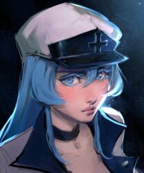  1girl absurdres akame_ga_kill! black_choker blue_eyes blue_hair blush choker closed_mouth colored_eyelashes commentary english_commentary esdeath hair_between_eyes hat heart heart-shaped_pupils highres jacket lapels long_hair military_hat misa_mi notched_lapels portrait solo symbol-shaped_pupils white_hat white_jacket 