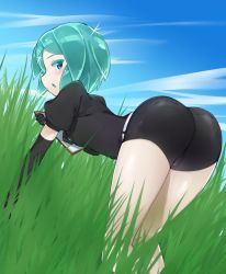  all_fours androgynous aqua_eyes aqua_hair ass bad_id bad_pixiv_id belt black_gloves black_shirt black_shorts blue_sky blush clipboard cloud commentary_request day dutch_angle elbow_gloves from_behind gender_request gloves grass houseki_no_kuni legs_together looking_at_viewer looking_back necktie open_mouth outdoors phosphophyllite puffy_sleeves shirt short_hair short_sleeves shorts sideways_mouth sky solo sparkle uniform yoi_naosuke  rating:Sensitive score:67 user:danbooru