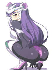 1girl ass bodysuit long_hair looking_at_viewer looking_back nagase_haruhito persephone_(wild_arms) persephone_(wild_arms_5) purple_eyes purple_hair red_eyes simple_background solo squatting white_background wild_arms wild_arms_5 rating:Sensitive score:71 user:danbooru