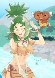 absurdres bone_hair_ornament cavewoman commission green_eyes green_hair hair_ornament highres horns indie_virtual_youtuber meat_(vtuber) one_eye_closed pointy_ears scar scar_on_face scar_on_nose second-party_source shimazey skeb_commission splashing virtual_youtuber water
