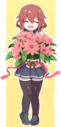  black_thighhighs bouquet brown_hair closed_eyes flower hair_ornament hairclip highres holding holding_bouquet ikazuchi_(kancolle) kantai_collection loafers pleated_skirt school_uniform serafuku shoes short_hair skirt smile thighhighs unagiman 