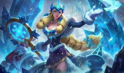 1girl alternate_costume alternate_eye_color alternate_hair_color bare_shoulders big_hair bird blue_dress blue_eyes braid breasts carrot cleavage commentary dress drill earrings english_commentary fake_horns fur_trim hat helmet highres horned_helmet horns ice ice_crystal icicle jewelry kilart league_of_legends lips long_hair low_twintails magic making-of_available mittens nose official_art pointy_ears santa_hat single_braid single_horn snowflakes snowing snowman solo_focus soraka_(league_of_legends) thighhighs twintails very_long_hair wand winter_wonder_soraka zettai_ryouiki rating:Sensitive score:4 user:danbooru