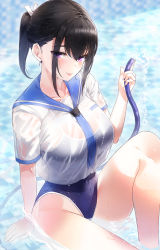1girl black_hair blouse blue_necktie blue_one-piece_swimsuit blue_sailor_collar collarbone competition_school_swimsuit eyes_visible_through_hair fang from_side half-closed_eyes highres holding holding_hose hose kfr knee_up long_hair looking_at_viewer necktie one-piece_swimsuit original ponytail purple_eyes sailor_collar sailor_shirt school_swimsuit school_uniform see-through serafuku shirt short_sleeves sitting smile solo swimsuit swimsuit_under_clothes thighs water wet wet_clothes wet_shirt white_shirt rating:Sensitive score:21 user:danbooru