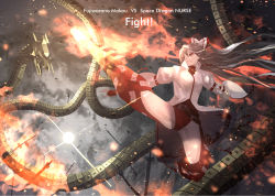 1girl adapted_costume aerial_battle alternate_costume alternate_hairstyle arm_belt attack battle belt boots bow breasts clenched_teeth coat dragon embers english_text fire fujiwara_no_mokou grey_sky hair_between_eyes hair_bow highres kaitou0215 kicking knee_boots leotard long_hair looking_up medium_breasts multiple_swords original pants ponytail red_eyes red_leotard red_pants silver_hair sky smoke solo sun sunburst sword teeth thighs touhou ultra_series ultraseven_(series) very_long_hair weapon white_coat