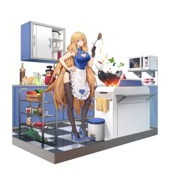  1girl apron artist_request blonde_hair blue_collar blue_sweater bottle braid carrot cleavage_cutout closed_mouth clothing_cutout collar cooking cooking_pot daikon final_gear fire fish food french_braid frilled_apron frills fruit glass gloves hand_on_own_hip heart heart_print heart_ring_strap high_heels highres indoors jar kitchen long_hair microwave mole mole_under_mouth morgan_helin_(final_gear) official_art orange_(fruit) parted_lips radish reflection reflective_floor sidelocks single_glove sleeveless sleeveless_sweater sliding_doors smile solo standing sweater tachi-e third-party_source transparent_background trash_can tupperware very_long_hair wok 