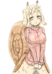  antennae blush bottomless breasts brown_eyes inutokage large_breasts monster_girl original shell short_hair simple_background slime smile snail snail_girl sweater  rating:Questionable score:29 user:Vheissu