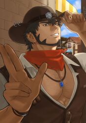  1boy absurdres adjusting_clothes adjusting_headwear artist_name bara beard black_hair brown_eyes brown_hat brown_vest chest_hair collared_shirt cowboy cowboy_hat crave_saga facial_hair grin hair_between_eyes hat highres i_shiawase jewelry joe_(crave_saga) male_focus muscular muscular_male neckerchief necklace partially_unbuttoned pectoral_cleavage pectorals red_neckerchief salute shirt short_hair smile solo two-finger_salute vest western white_shirt 