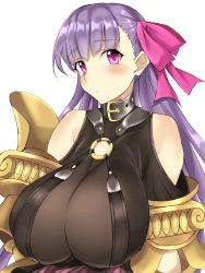  10s 1girl bare_shoulders blush breasts collar fate/extra fate/extra_ccc fate_(series) female_focus gauntlets hair_ornament hair_ribbon highres huge_breasts long_hair looking_at_viewer o-ring passionlip_(fate) purple_eyes purple_hair ribbon sanmon-gyo_kanraku see-through solo upper_body weapon 