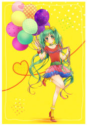  ami7 bad_id bad_pixiv_id balloon belt bow bracelet green_eyes green_hair hair_bow hatsune_miku high_heels highres jewelry lace lace-trimmed_legwear lace_trim leg_lift legs long_hair patterned_legwear polka_dot polka_dot_legwear shoes skirt socks solo twintails very_long_hair vocaloid yellow_socks  rating:Sensitive score:5 user:danbooru