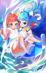  2girls absurdres ankle_boots blue_cape blue_dress blue_eyes blue_footwear blue_hair boots bow bowtie brooch cape carrying closed_mouth collared_dress cure_prism cure_sky cut_bangs detached_sleeves dress feathers fingerless_gloves frown fwha4853 gloves green_eyes hair_bun highres hirogaru_sky!_precure jewelry long_hair long_sleeves looking_at_viewer magical_girl medium_dress multicolored_hair multiple_girls nijigaoka_mashiro open_mouth pink_dress pink_footwear pink_hair precure princess_carry puffy_detached_sleeves puffy_sleeves scrunchie shoes short_dress single_hair_bun single_sidelock sleeveless sleeveless_dress socks sora_harewataru standing streaked_hair thighhighs twintails two-tone_dress two-tone_hair very_long_hair white_bow white_bowtie white_dress white_gloves white_socks white_thighhighs wind wing_brooch wing_hair_ornament wrist_scrunchie 
