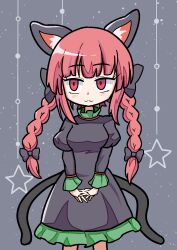  1girl absurdres animal_ears black_background black_bow black_dress blush bow braid cat_ears cat_girl cat_tail commentary_request dress hair_bow highres juliet_sleeves kaenbyou_rin long_hair long_sleeves multiple_tails own_hands_together puffy_sleeves red_eyes side_braids solo star_(symbol) suikatou tail touhou twin_braids two_tails 