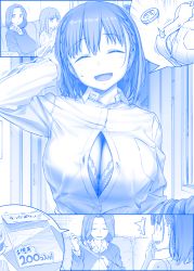  2girls ai-chan&#039;s_mother_(tawawa) ai-chan&#039;s_sister_(tawawa) ai-chan_(tawawa) arms_behind_head blue_theme bra braid breasts bursting_breasts button_gap buttons cleavage comic commentary_request couch embarrassed closed_eyes getsuyoubi_no_tawawa hair_over_shoulder himura_kiseki large_breasts long_hair long_sleeves magazine_(object) monochrome mother_and_daughter multiple_girls open_mouth popped_button scrunchie sewing short_hair siblings silent_comic sisters surprised sweat sweater underwear  rating:Sensitive score:33 user:danbooru