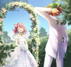  1boy 1girl 2020 :d blue_ribbon blurry blurry_foreground bouquet breasts brown_hair cleavage closed_eyes dated day dress dyed_bangs facing_viewer flower gloves green_hair hiiragi_yuzu holding holding_bouquet jacket jewelry layered_dress long_dress long_hair long_sleeves medium_breasts multicolored_hair necklace off-shoulder_dress off_shoulder open_mouth outdoors pants pink_hair red_hair ribbon sakaki_yuya signature smile strapless strapless_dress streaked_hair swept_bangs two-tone_hair wedding wedding_dress white_dress white_gloves white_jacket white_pants yu-gi-oh! yu-gi-oh!_arc-v yun_yu  rating:Sensitive score:6 user:danbooru