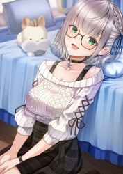  1girl glasses green_eyes grey_hair hololive indoors looking_at_viewer mamdtsubu open_mouth plaid plaid_skirt shirogane_noel skirt smile solo virtual_youtuber  rating:General score:3 user:victusr34