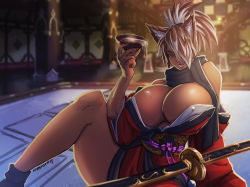  10s 1girl absurdres alcohol animal_ears bare_shoulders breasts brown_eyes brown_hair cat_ears cleavage final_fantasy final_fantasy_xiv streaked_hair highres huge_breasts japanese_clothes katana kimono long_hair looking_at_viewer multicolored_hair ponytail sake samurai sitting solo sword weapon white_hair  rating:Questionable score:30 user:Alkaid_The_Empress_