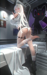  1girl artificial_light ass bandaged_leg bandages bed bed_sheet bedroom belt character_request closers expressionless feet long_hair looking_back one_leg_raised poster_(object) red_eyes room serious shoes shorts single_shoe swd3e2 white_hair 