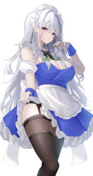  1girl 7saki absurdres adapted_costume alternate_hair_length alternate_hairstyle black_thighhighs blue_dress blue_eyes blush braid breasts cleavage dress feet_out_of_frame garter_straps grey_hair highres izayoi_sakuya large_breasts long_hair maid maid_headdress open_mouth simple_background solo thighhighs touhou twin_braids white_background 