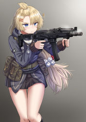  1girl bangs belt black_skirt blonde_hair blue_eyes blush closed_mouth commentary commission cowboy_shot duplicate eyebrows_visible_through_hair feet_out_of_frame girls_frontline gun hair_ornament hairclip highres holding holding_gun holding_weapon holster jacket long_hair looking_away pp-19-01 pp-19-01_(girls_frontline) shell_casing simple_background skeb_commission skirt smoke smoking_gun solo standing thick_thighs thighs trigger_discipline uniform weapon yakob_labo 