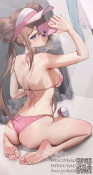  1girl :p arm_up ass back barefoot bikini blue_eyes breasts cellphone creatures_(company) double_bun doughnut_hair_bun from_behind full_body game_freak hair_bun highres iphone large_breasts looking_at_viewer looking_back nintendo phone pink_bikini poke_ball poke_ball_(basic) pokemon pokemon_bw2 rosa_(pokemon) rryiup selfie sitting skindentation smartphone soles solo steam swimsuit toes tongue tongue_out twintails visor_cap wariza wedgie wet 