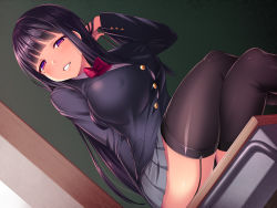 1girl absurdres arm_up black_hair black_thighhighs blazer blunt_bangs bow bowtie breasts bursting_breasts covered_erect_nipples crossed_legs desk dutch_angle garter_straps tucking_hair highres indoors jacket large_breasts light_smile miniskirt mole mole_under_eye naughty_face original parted_lips pleated_skirt purple_eyes satou_kuuki school_desk school_uniform shirt skirt solo taut_clothes taut_shirt thighhighs rating:Questionable score:109 user:danbooru