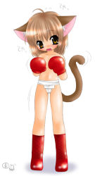 1girl animal_ears blush boots boxing_gloves brown_eyes brown_hair cat_ears cat_tail fang flat_chest full_body loli matching_hair/eyes navel open_mouth red_footwear solo tail topless rating:Questionable score:3 user:usernam