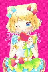  1girl ;d blonde_hair blue_bow blue_eyes blunt_bangs bow cone_hair_bun cowboy_shot double_bun dress grin hair_bow hair_bun hands_up heart highres holding holding_heart idol_clothes looking_at_viewer minami_mirei multicolored_clothes multicolored_dress one_eye_closed open_mouth pink_background pretty_series pripara red_bow rin_(ikura_meshi) short_hair smile solo 